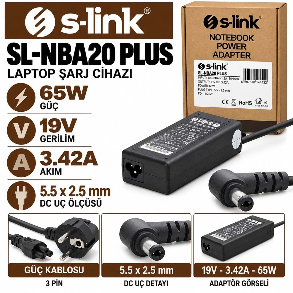 S-LINK SL-NBA20 PLUS 65W 19V 3.42A / 5.5 × 2.5 mm ASUS / Acer / Standart Uçlu Notebook - Laptop Adaptörü