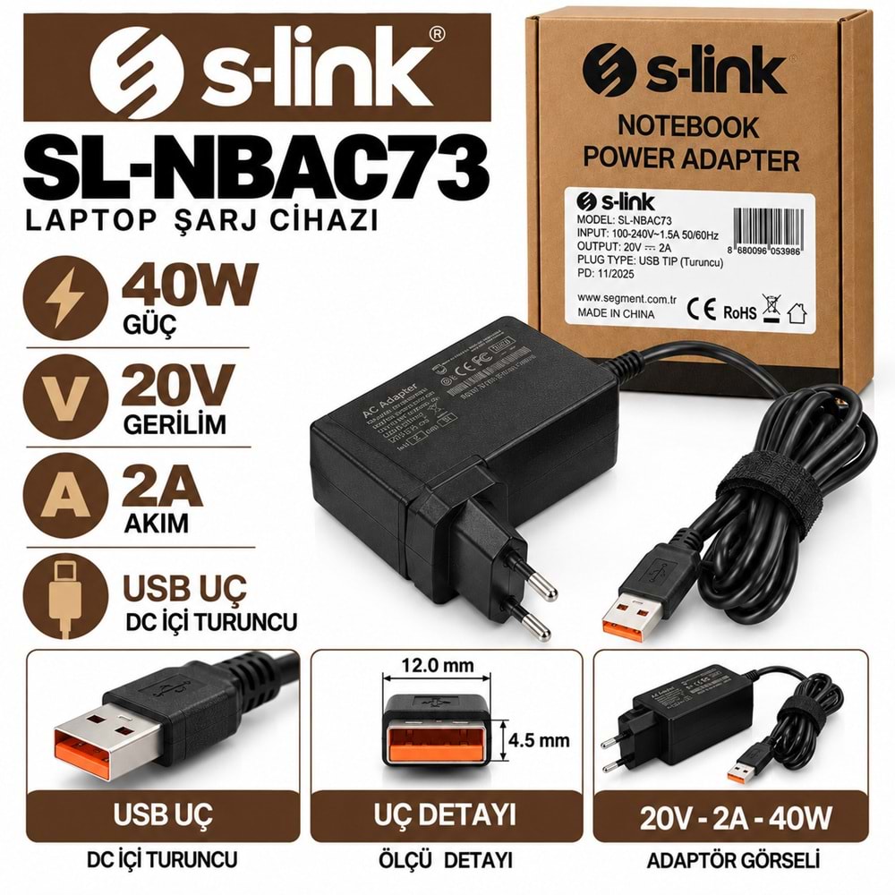 S-LINK SL-NBAC73 40W 20V 2A USB Uç Lenovo YOGA3 / Notebook - Laptop Adaptörü