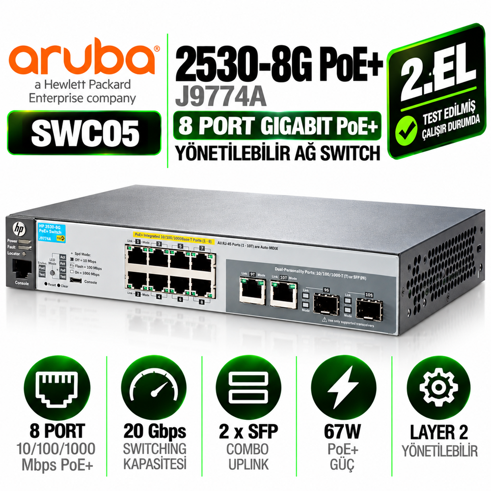 RUBA 2530-8G PoE+ (J9774A) 2.EL 8 Port Gigabit PoE+ Yönetilebilir Ağ Switch