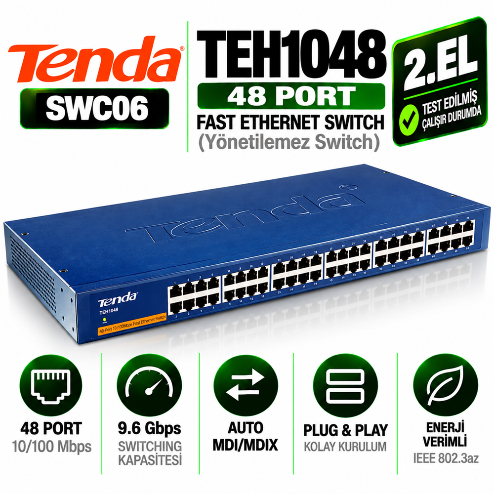 TENDA TEH1048 2.EL 48 Port 10/100 Mbps Fast Ethernet Ağ Switch'i (Yönetilemez Switch)