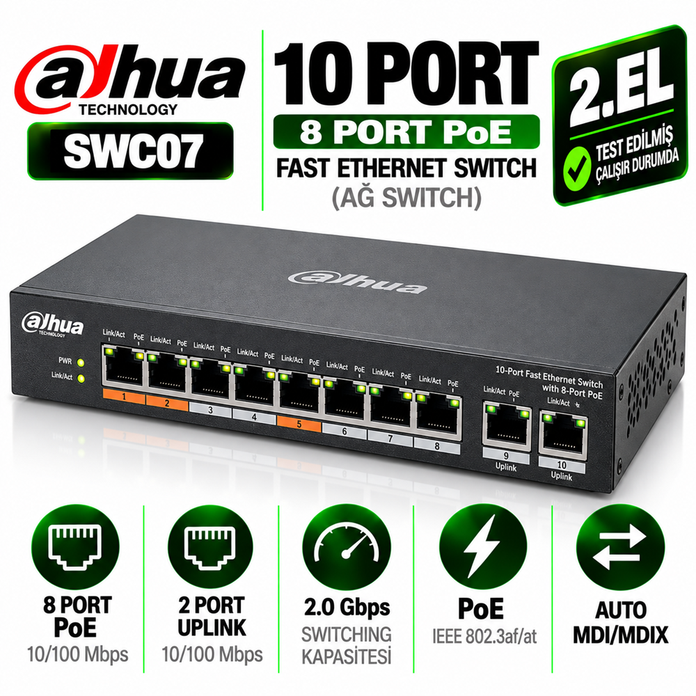 DAHUA 2.EL 10 Port Fast Ethernet Switch, 8 Port PoE Ağ Switch