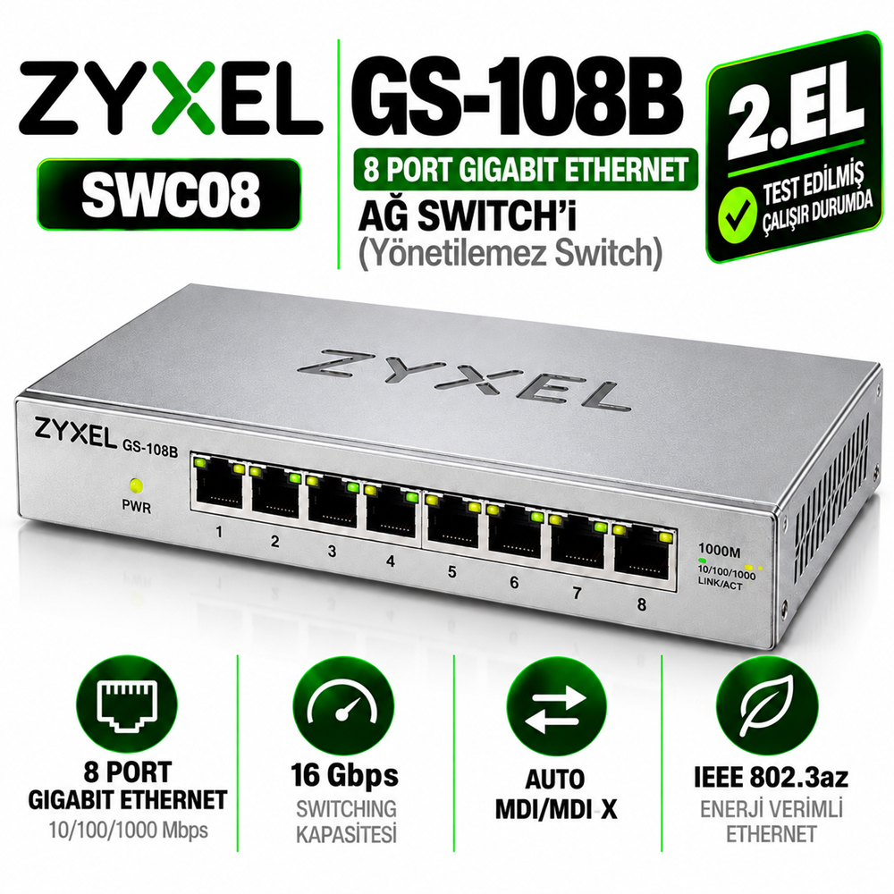 ZYXEL GS-108B 2.EL 8 Port Gigabit Ethernet Ağ Switch'i (Yönetilemez Switch)