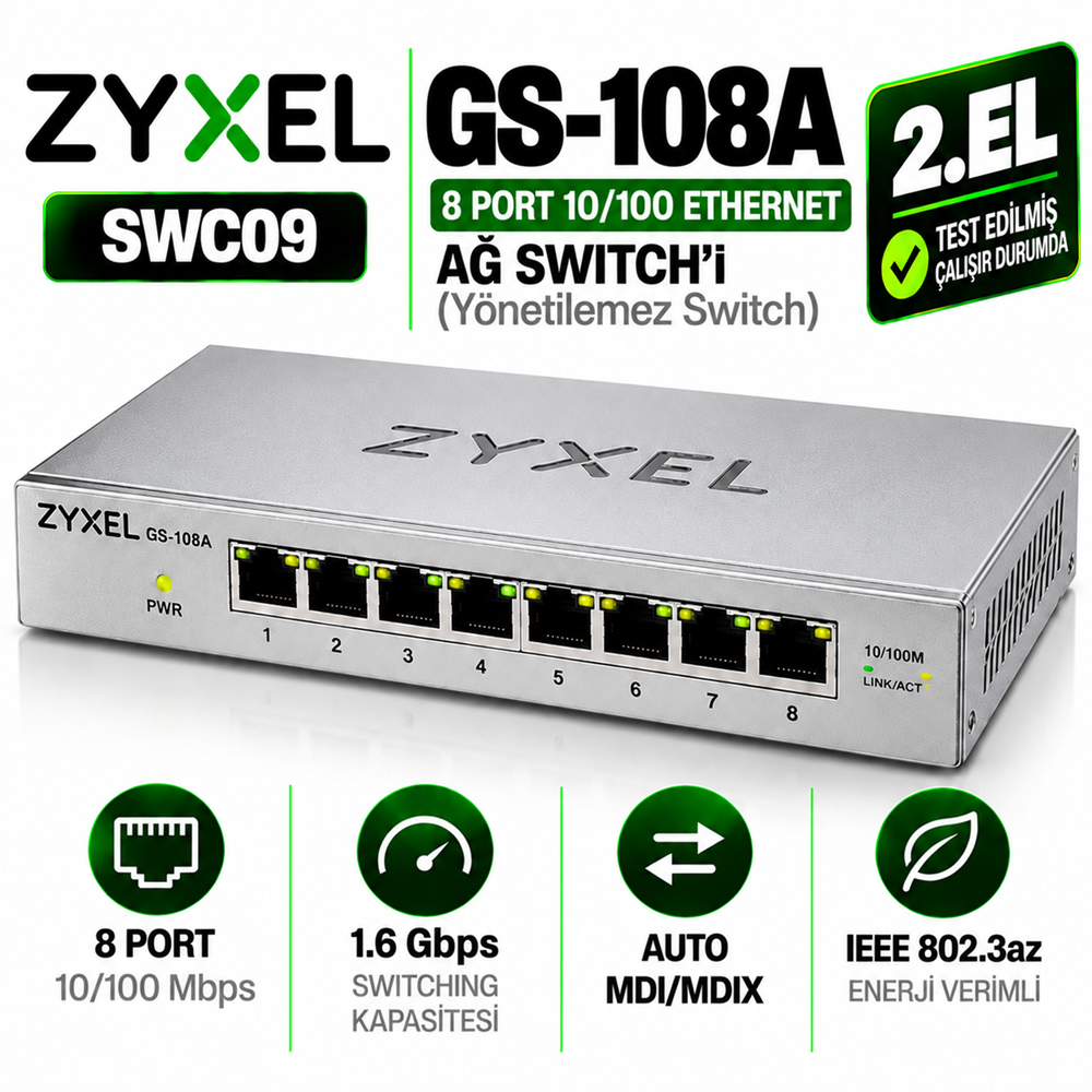 ZYXEL GS-108A 2.EL 8 Port 10/100 Ethernet Ağ Switch'i (Yönetilemez Switch)
