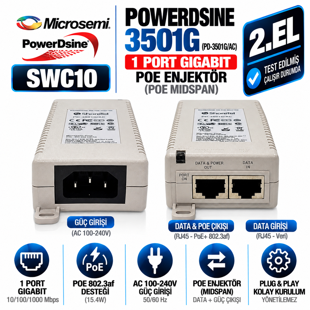 Microsemi POWERDSINE 3501G (PD-3501G/AC) 2.EL 1 Port Gigabit PoE Enjektör (PoE Midspan)