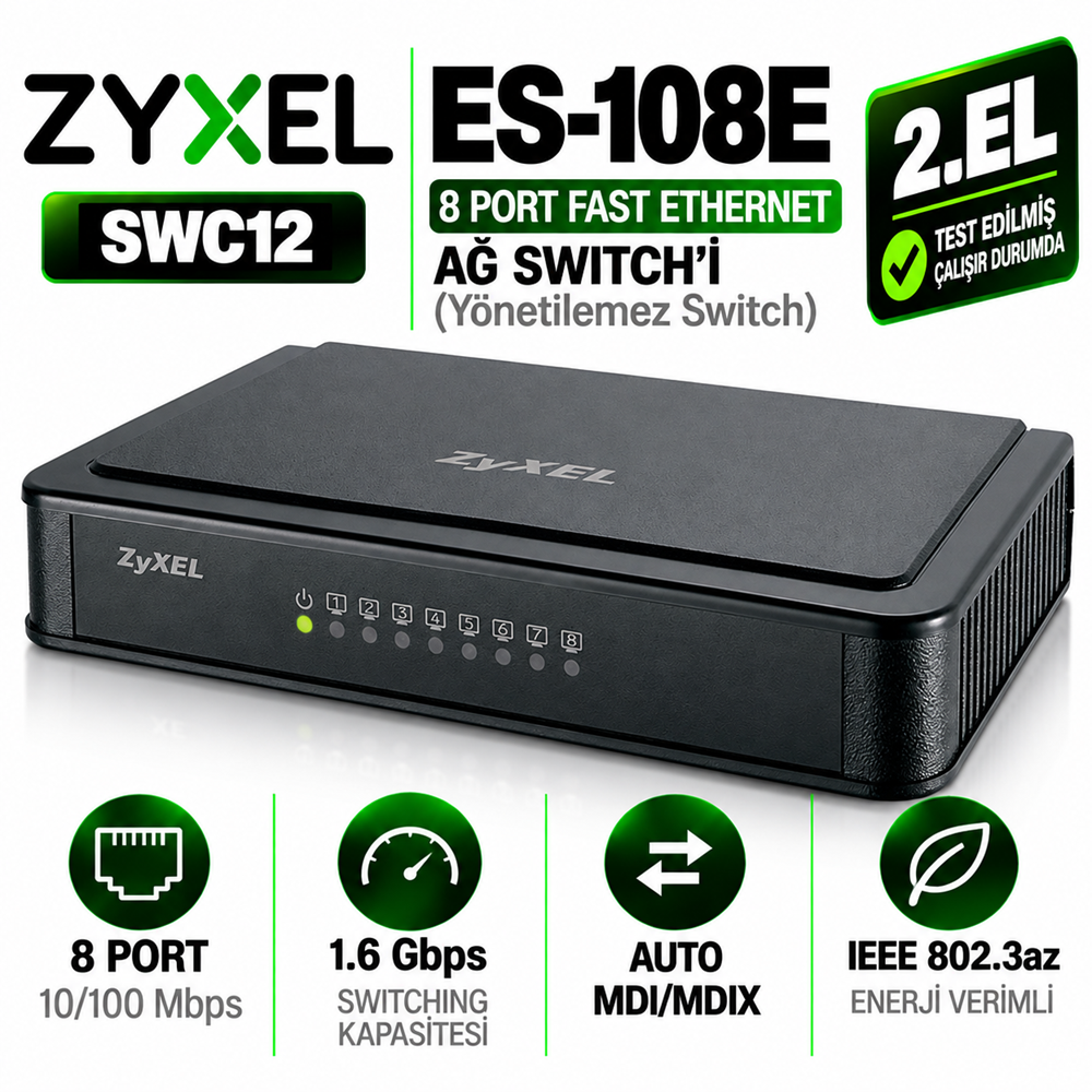 ZYXEL ES-108E 2.EL 8 Port Fast Ethernet (10/100 Mbps) Ağ Switch'i (Yönetilemez Switch)