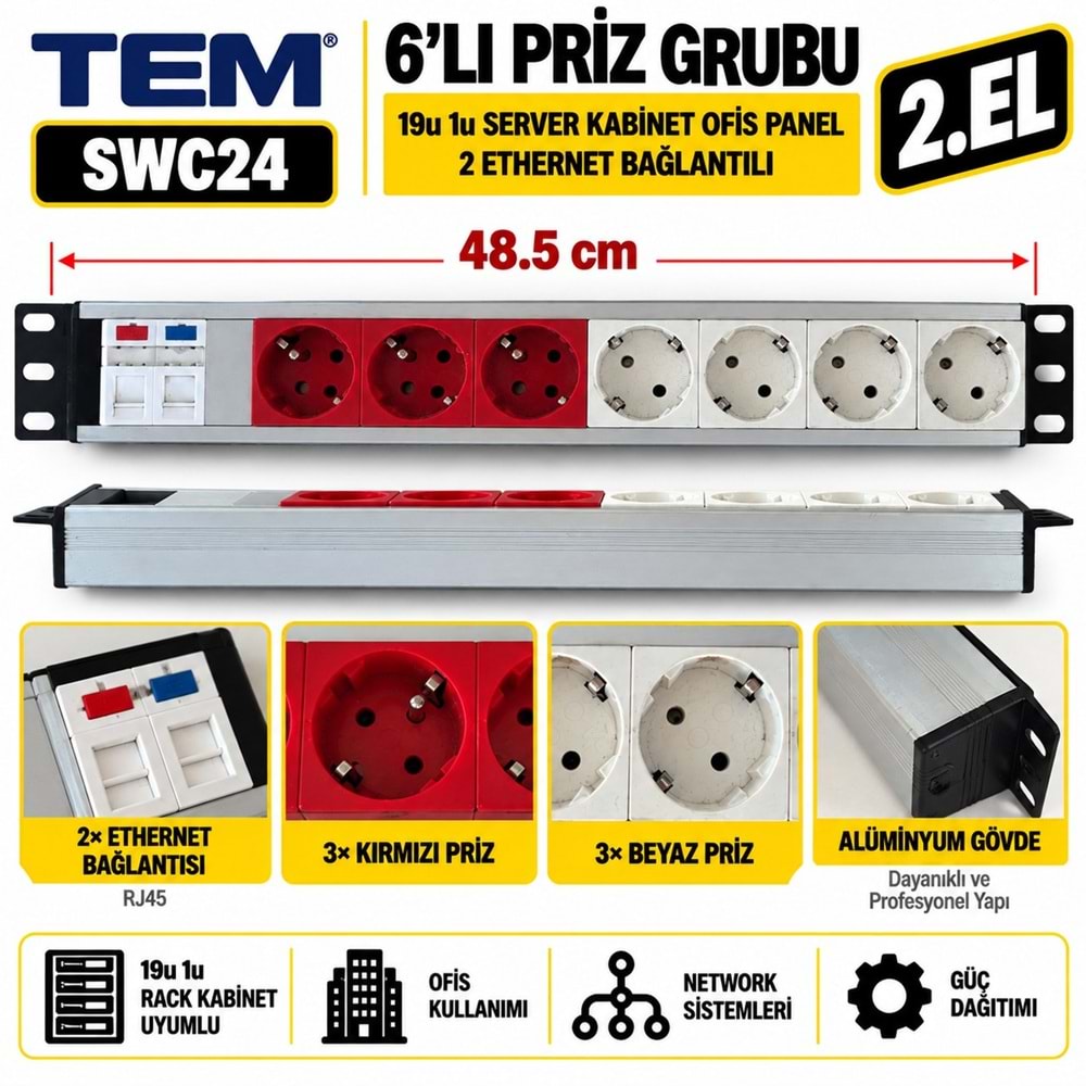 TEM Priz Grubu 19u 1u / Server Kabinet Ofis Panel / 2 Eternet Bağlantılı Alüminyum Gövde 2.El 6.lı Grup Priz Ünitesi