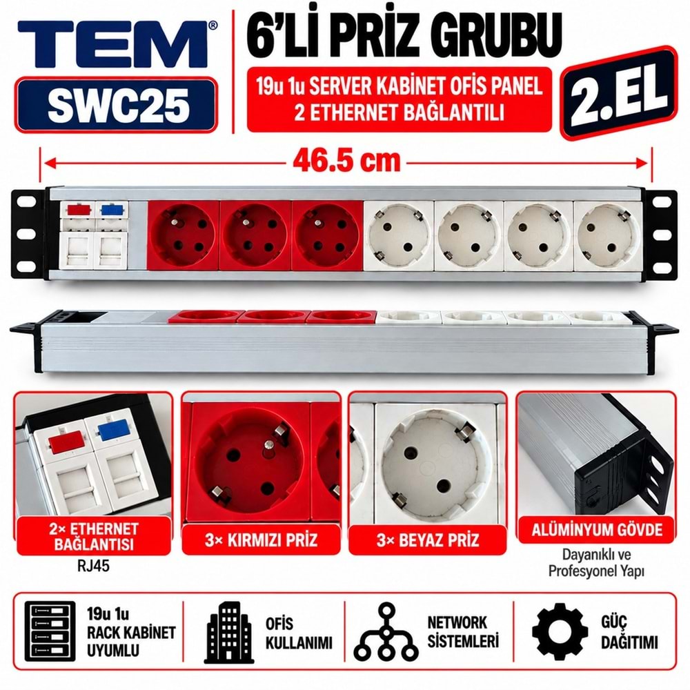 TEM Priz Grubu 18u 1u / Server Kabinet Ofis Panel / 2 Eternet Bağlantılı Alüminyum Gövde 2.El 6.lı Grup Priz Ünitesi