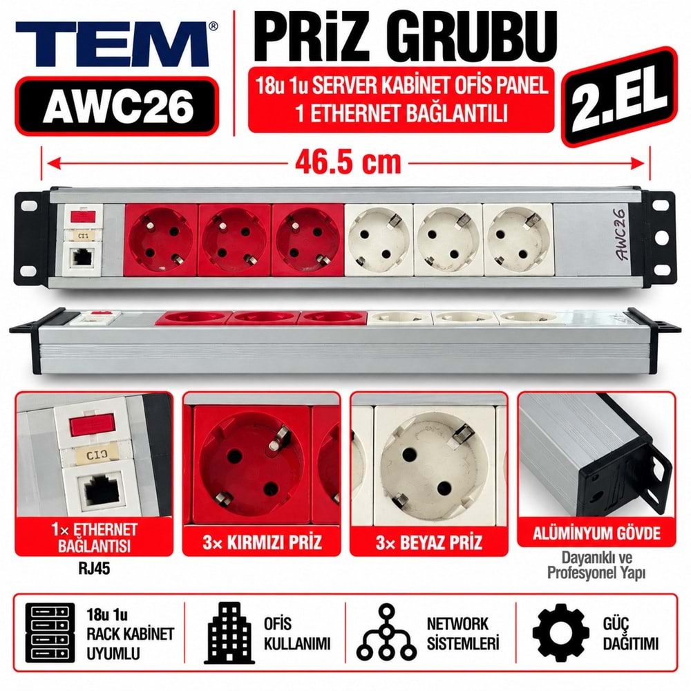 TEM Priz Grubu 18u 1u / Server Kabinet Ofis Panel / 1 Eternet Bağlantılı Alüminyum Gövde 2.El 6.lı Grup Priz Ünitesi