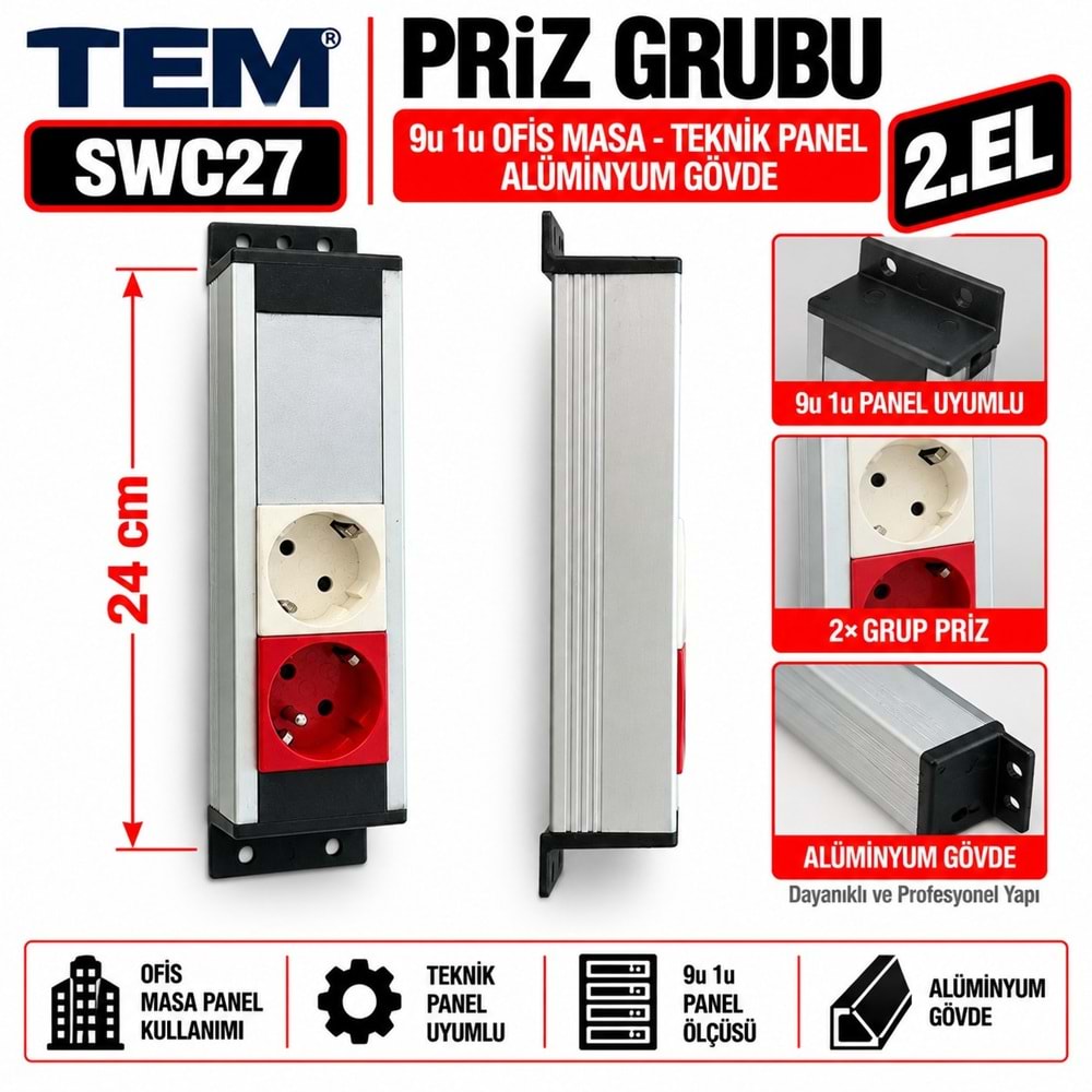 TEM Priz Grubu 9u 1u / Ofis Masa - Teknik Panel Alüminyum Gövde 2.El 2.lı Grup Priz Ünitesi