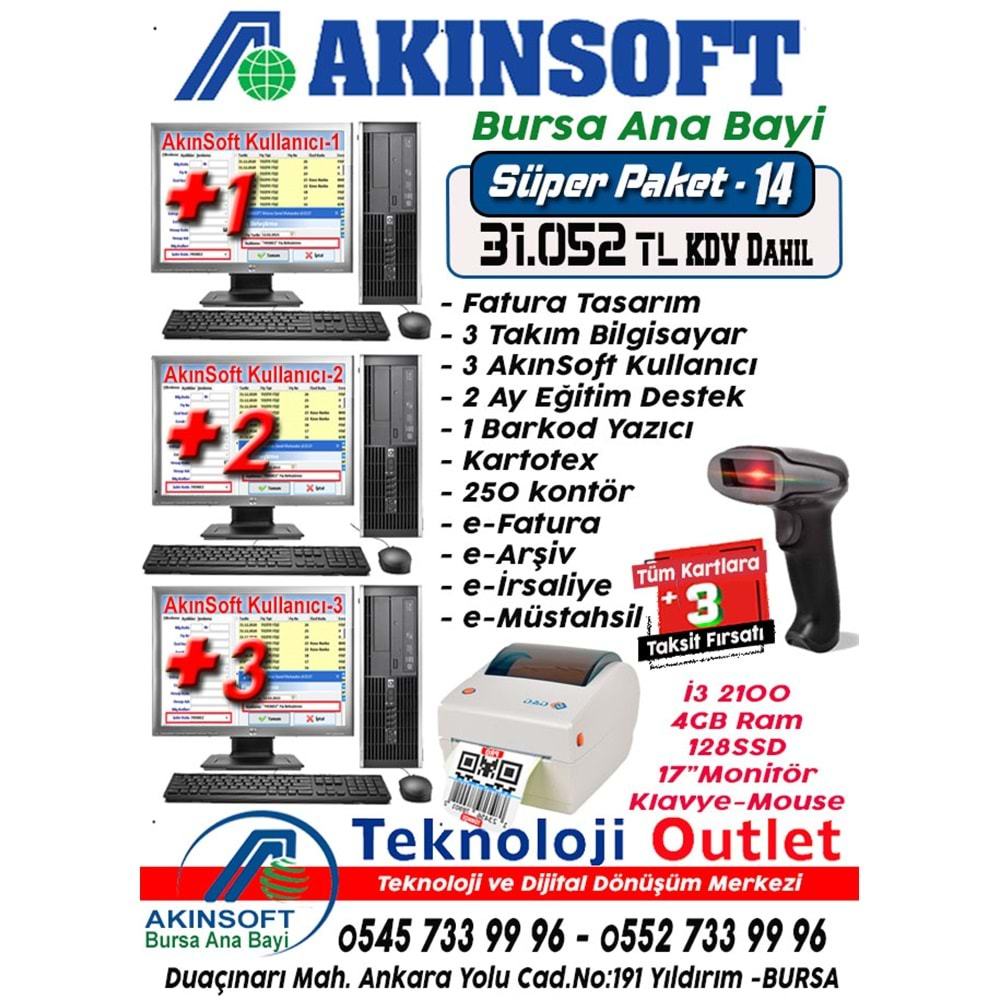 Akınsoft Anabayi TeknolojiOutlet Paket 14 Super + 3 Hediye Takım Pc Barkod Yazıcı