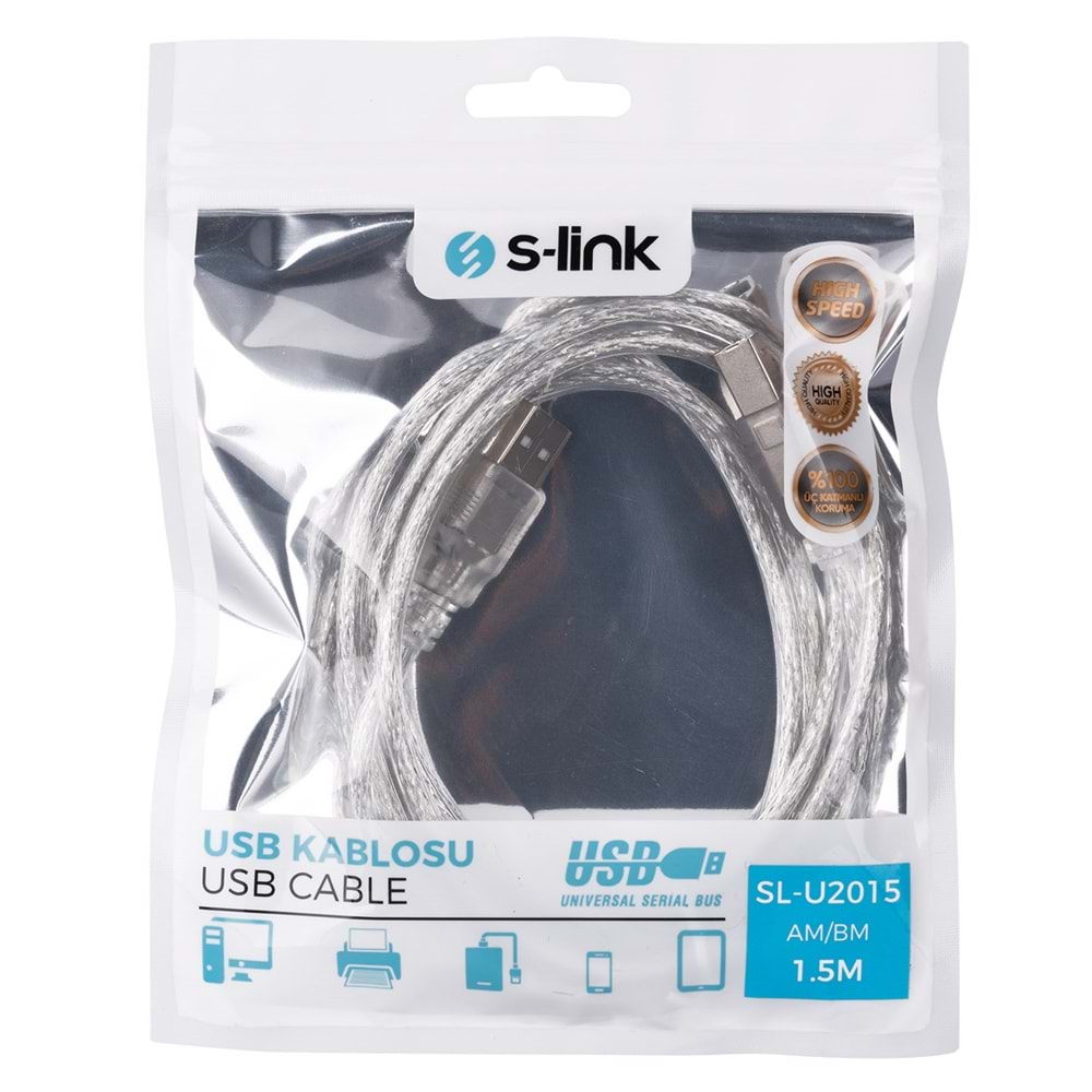S-Link SL-U2015 / Printer - Yazıcı Kablosu 2.0 Şeffaf 1,5 Metre