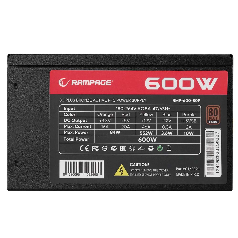 Rampage 600W 80Plus Bronze 12cm Fan Aktif PFC Power Supply