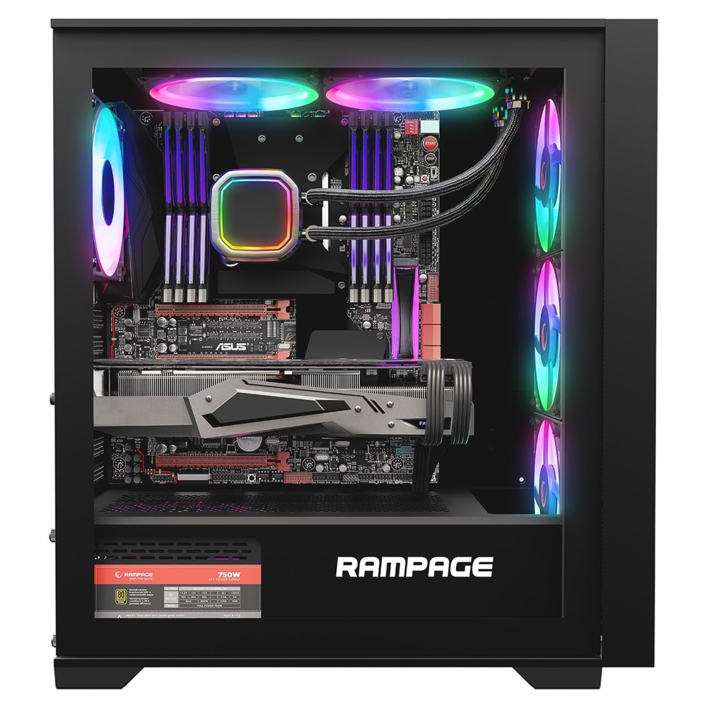 Rampage VOYAGER 750W 80+ BRONZE Siyah 4*RGB Auto Fan ATX Mid-T Gaming Oyuncu Kasası