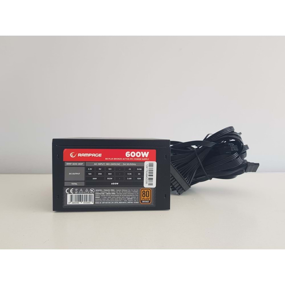 Rampage RMP-600-80P 600W V2 12cm Fan Siyah 80 Plus ( 80+ ) Bronze Sertifikalı Power Supply