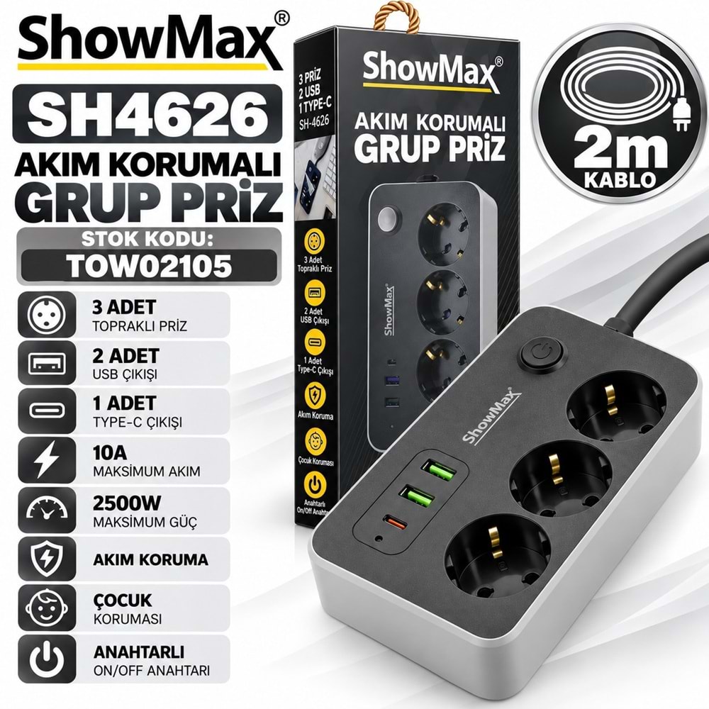 SHOWMAX SH4626 Topraklı Termal Akım Korumalı 2M Uzatma Kablosu Anahtarlı 3-Priz 2-USB 1-Type-C Siyah Grup Priz Ünitesi