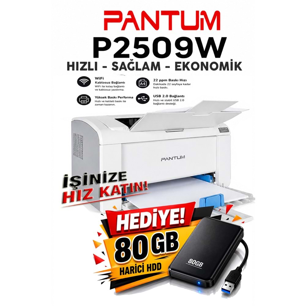 Pantum P2509W Wi-Fi Lazer Yazıcı Dakikada 23 Sayfa Baskı