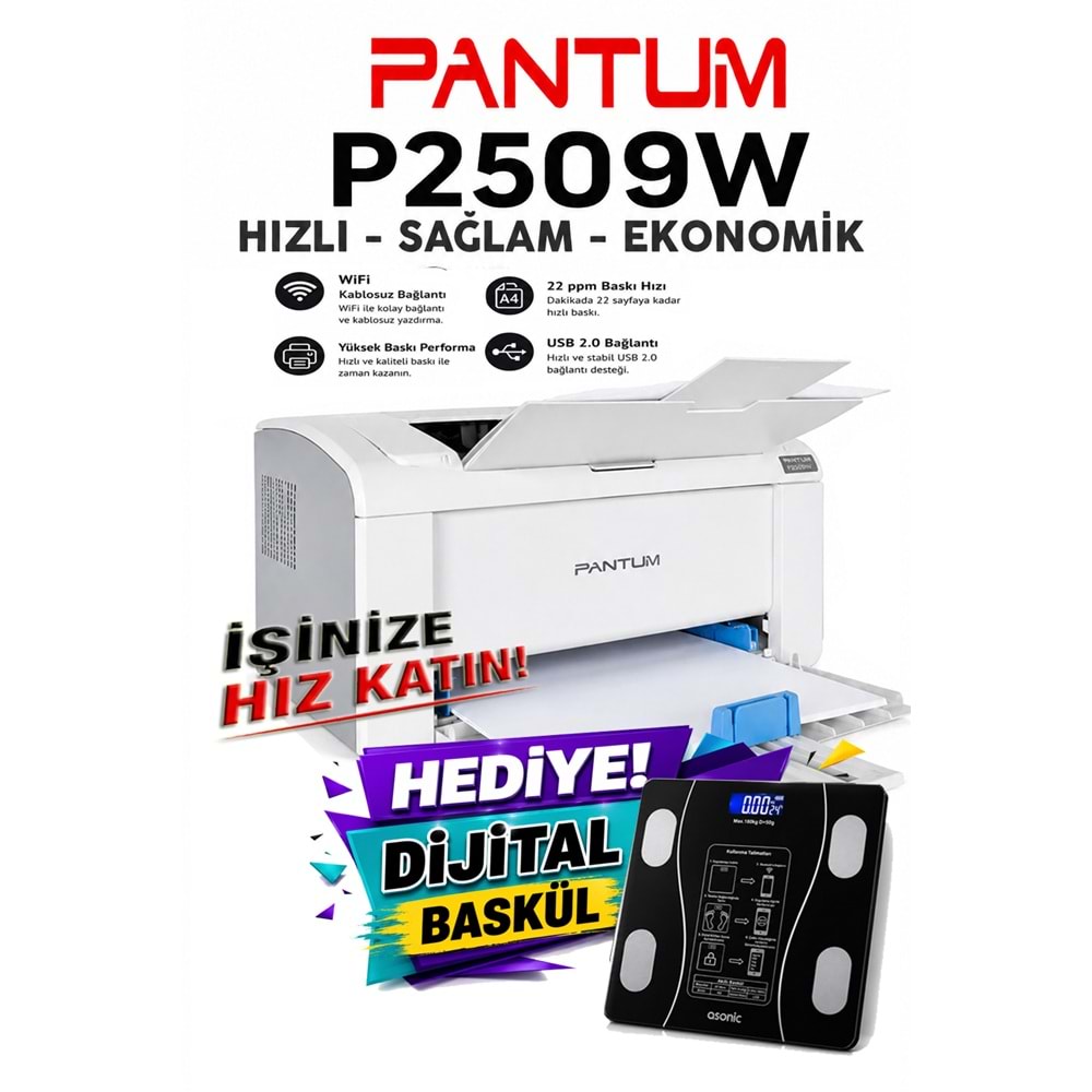 Pantum P2509W Wi-Fi Kablosuz Lazer Yazıcı 23 Sayfa/Dakika